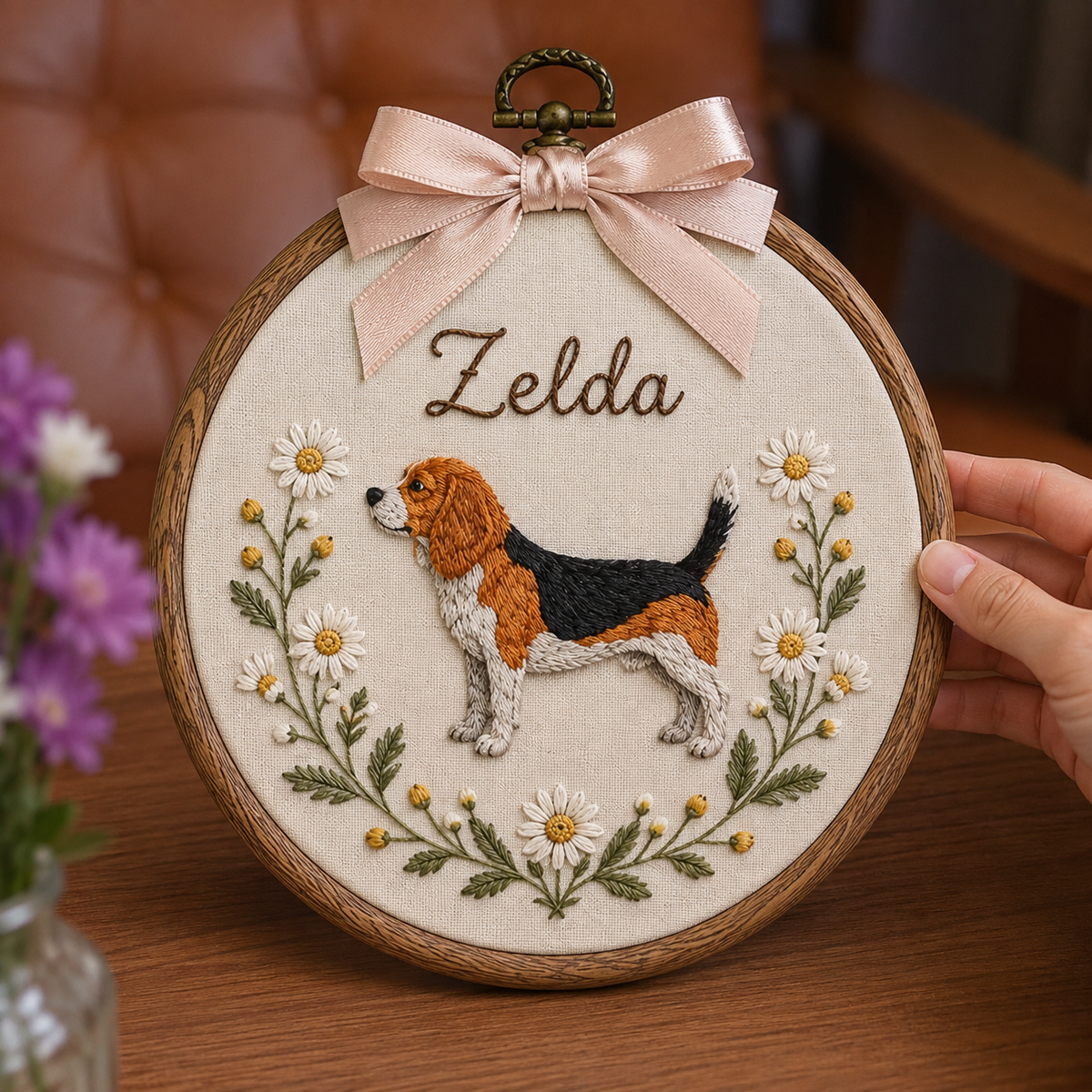 Personalized Dog Floral Embroidery Hoop Art: Custom Pet Portrait