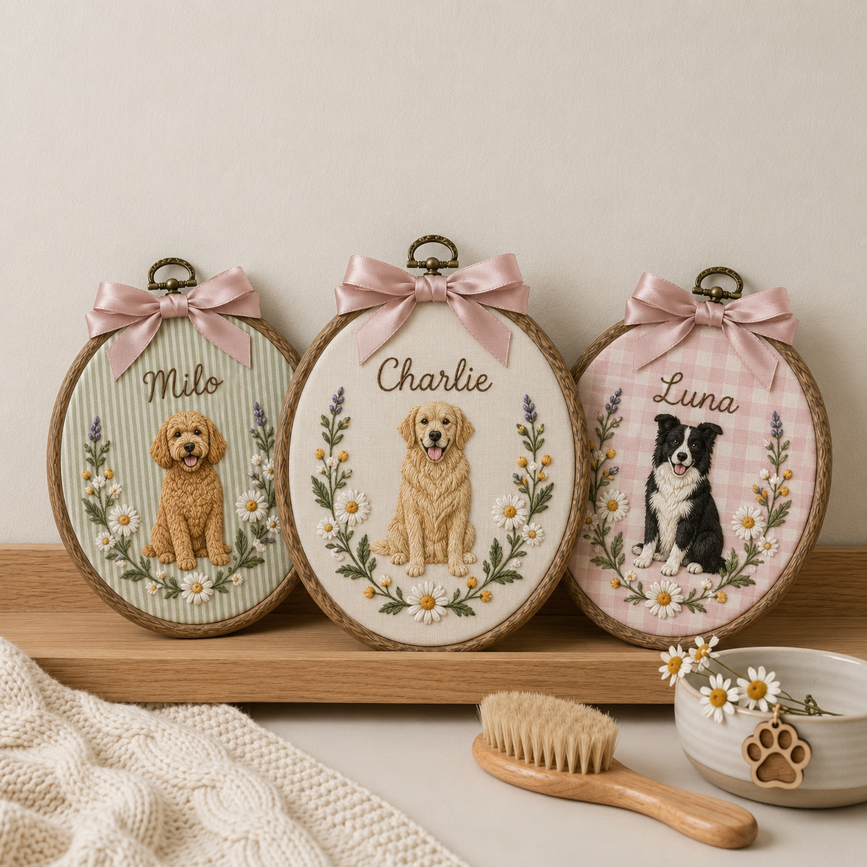 Personalized Dog Floral Embroidery Hoop Art: Custom Pet Portrait