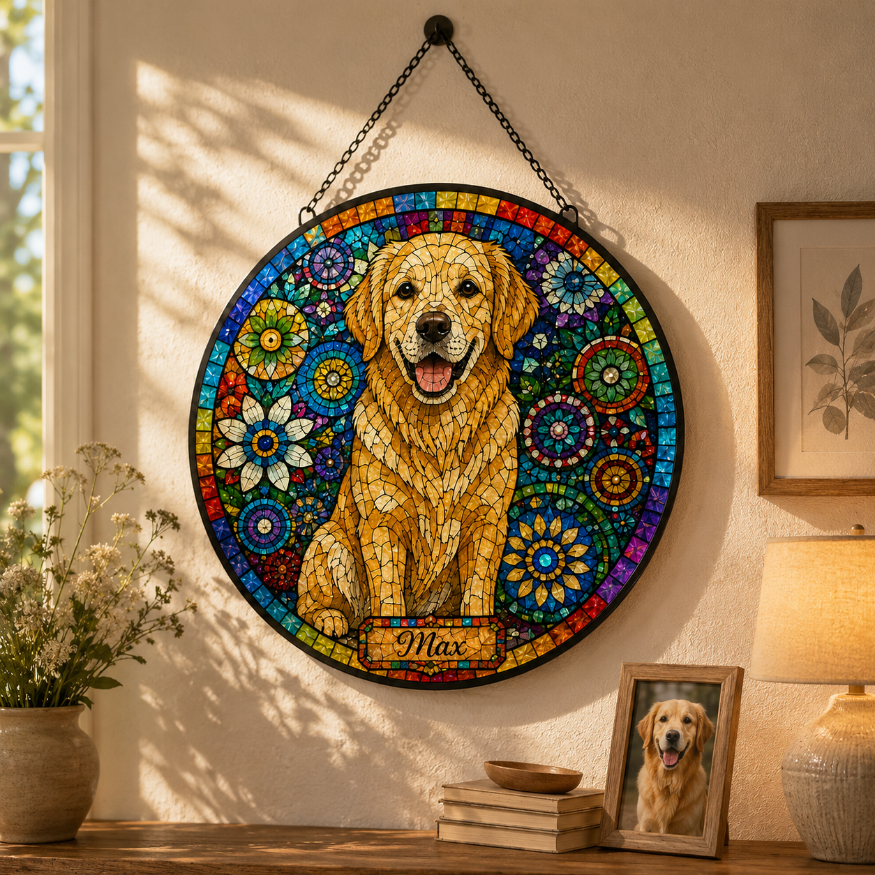 Custom Dog Cat Mosaic Art Stained Glass Suncatcher with Pet Name