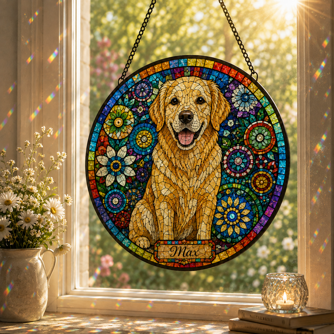 Custom Dog Cat Mosaic Art Stained Glass Suncatcher with Pet Name