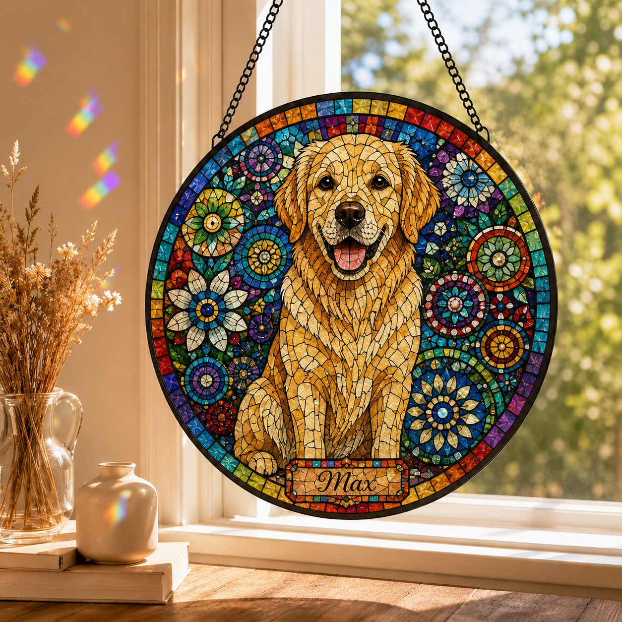 Custom Dog Cat Mosaic Art Stained Glass Suncatcher with Pet Name