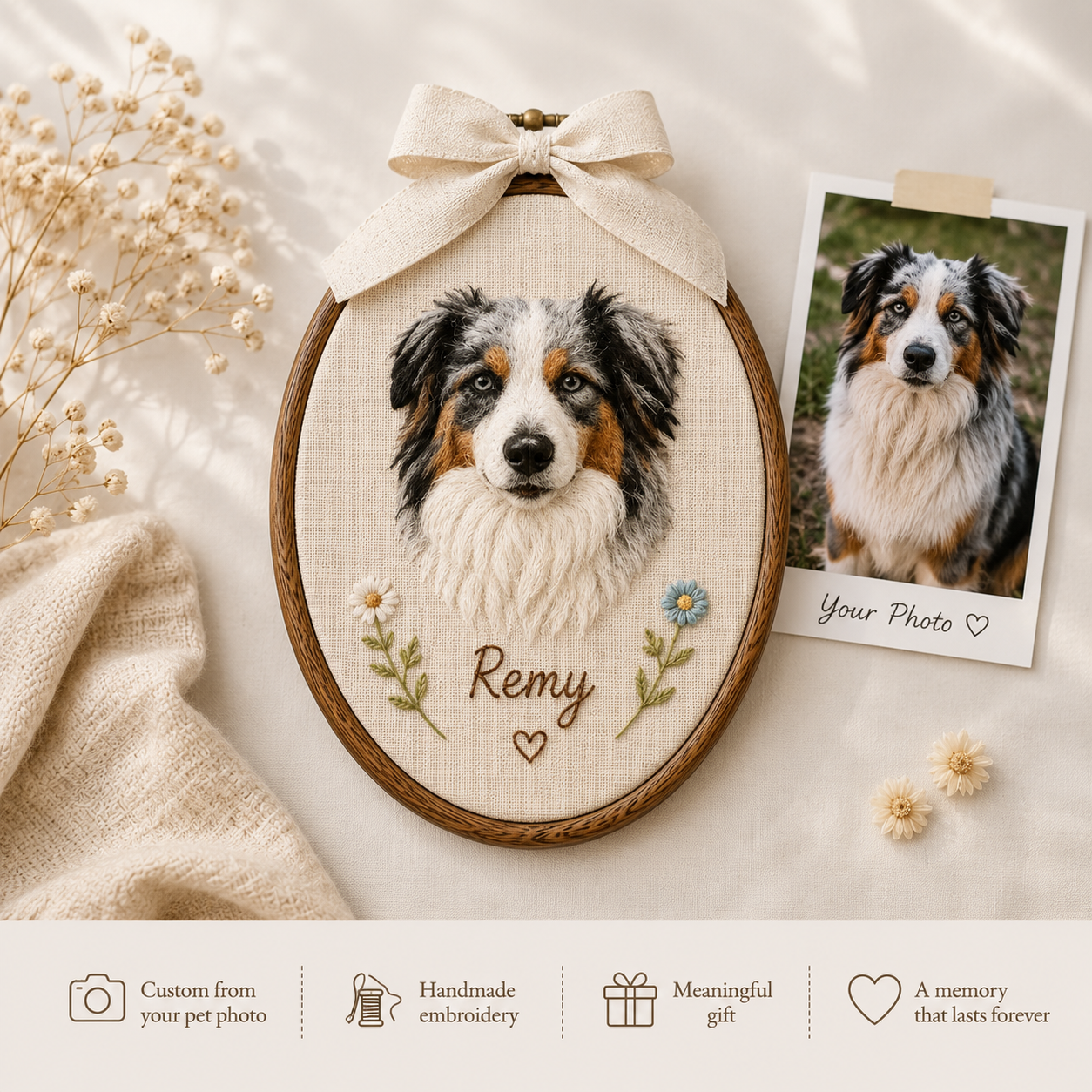 Custom Needle Felt Pet Portrait Hoop, Personalized Dog Cat Wall Art Keepsake