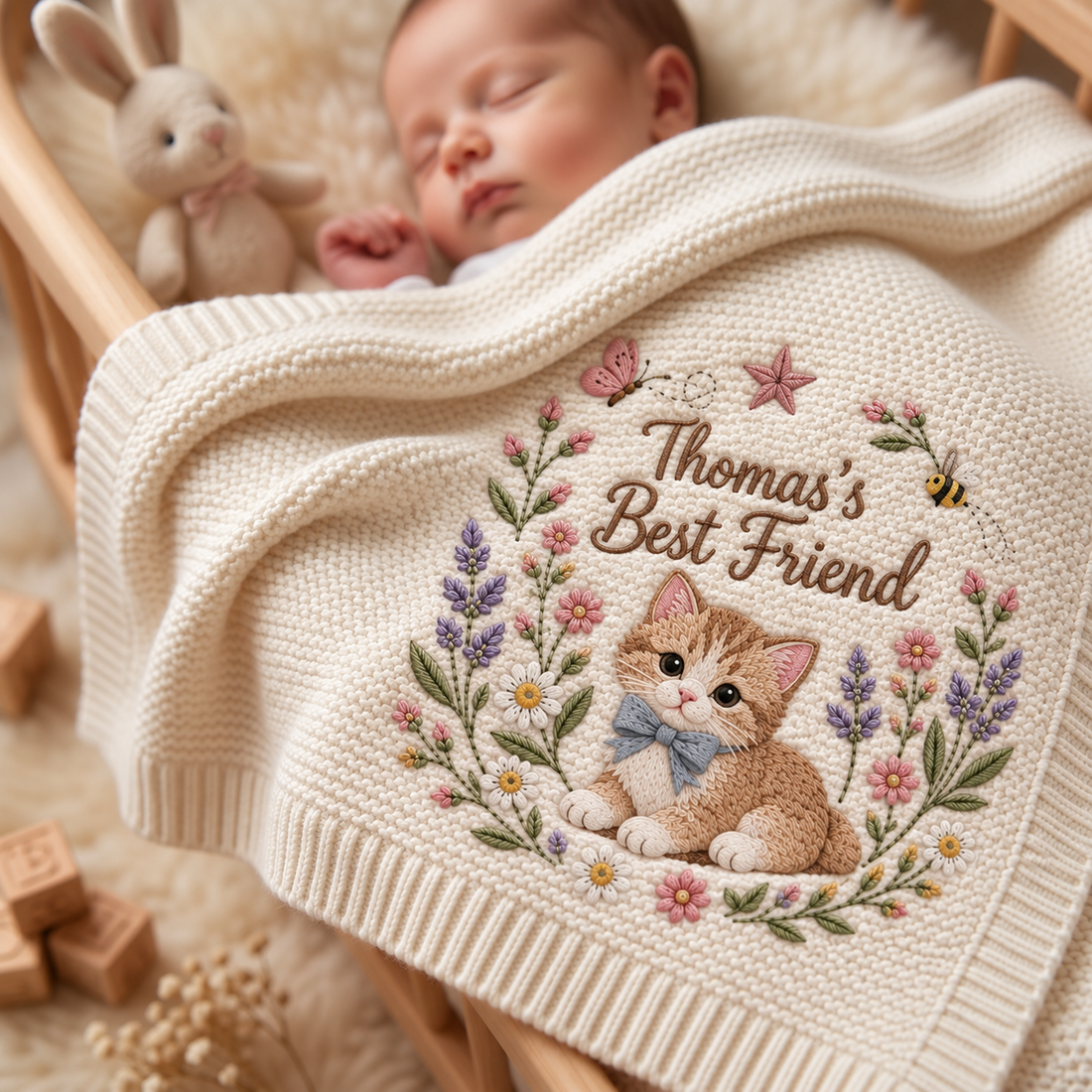 Custom Floral Embroidered Pet Portrait Baby Blanket