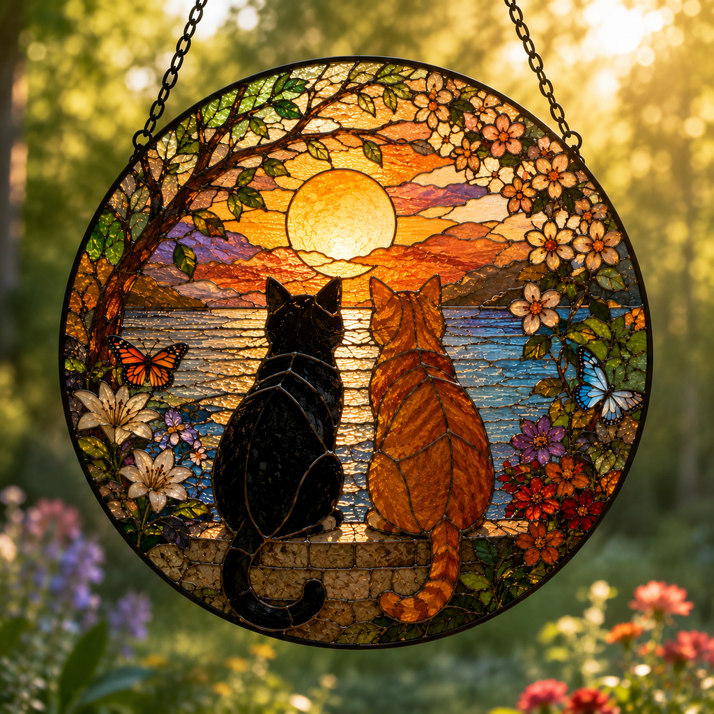 Custom Charming Black Orange Cat Couple Garden Suncatcher