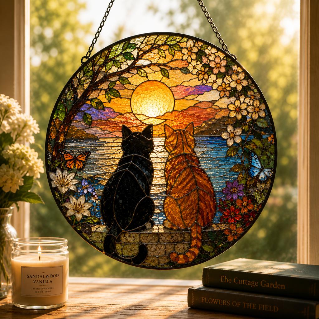 Custom Charming Black Orange Cat Couple Garden Suncatcher