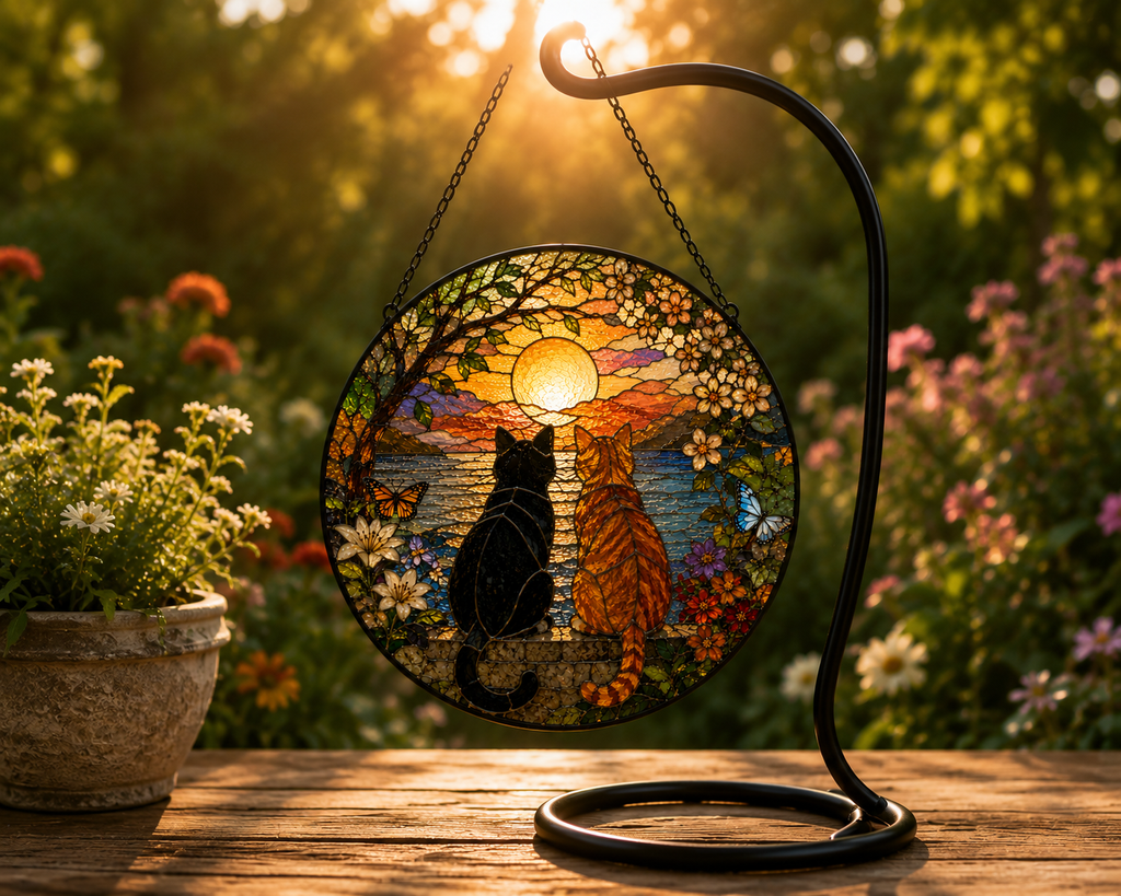 Custom Charming Black Orange Cat Couple Garden Suncatcher