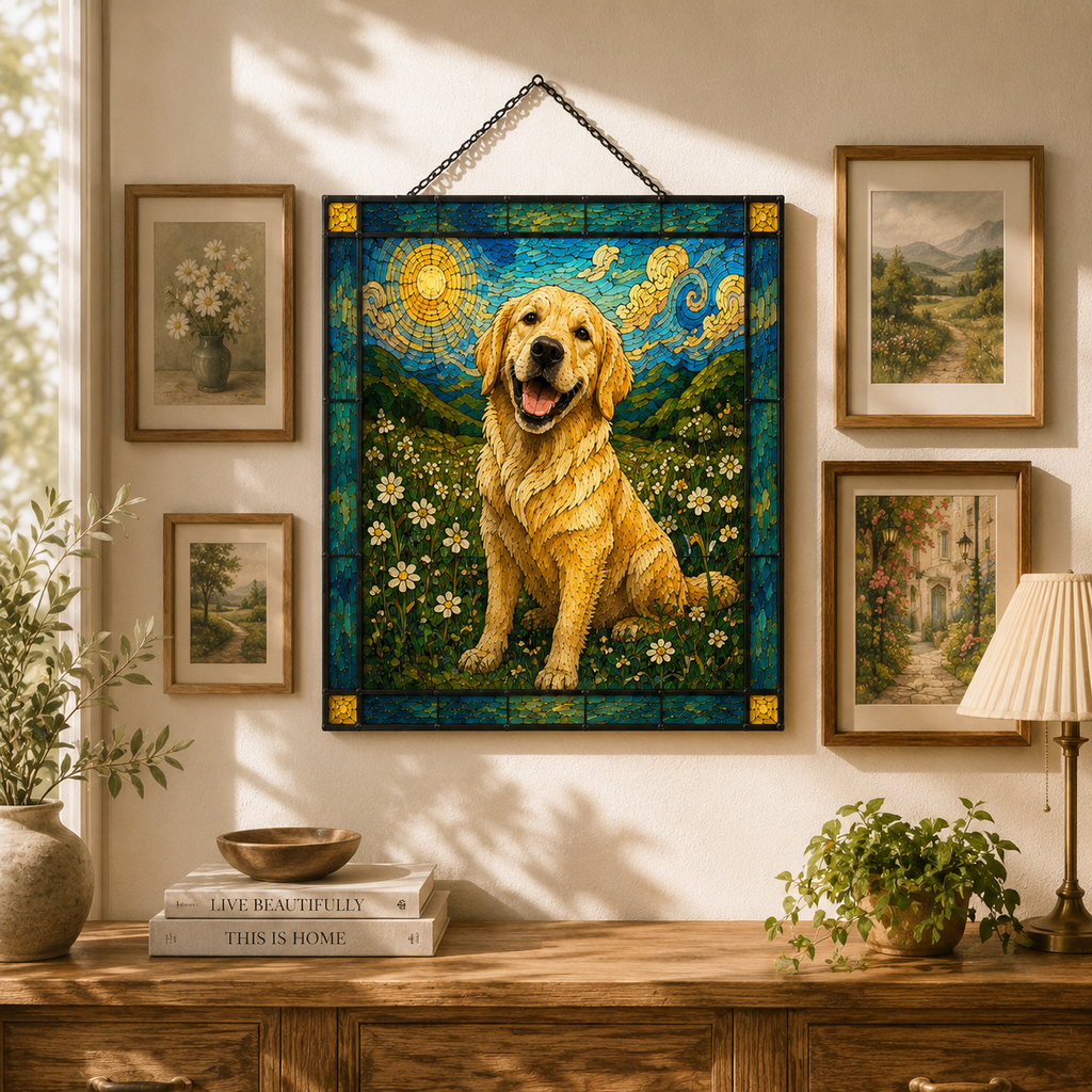 Custom Dog Memorial Art Portrait Stained Glass Suncatcher