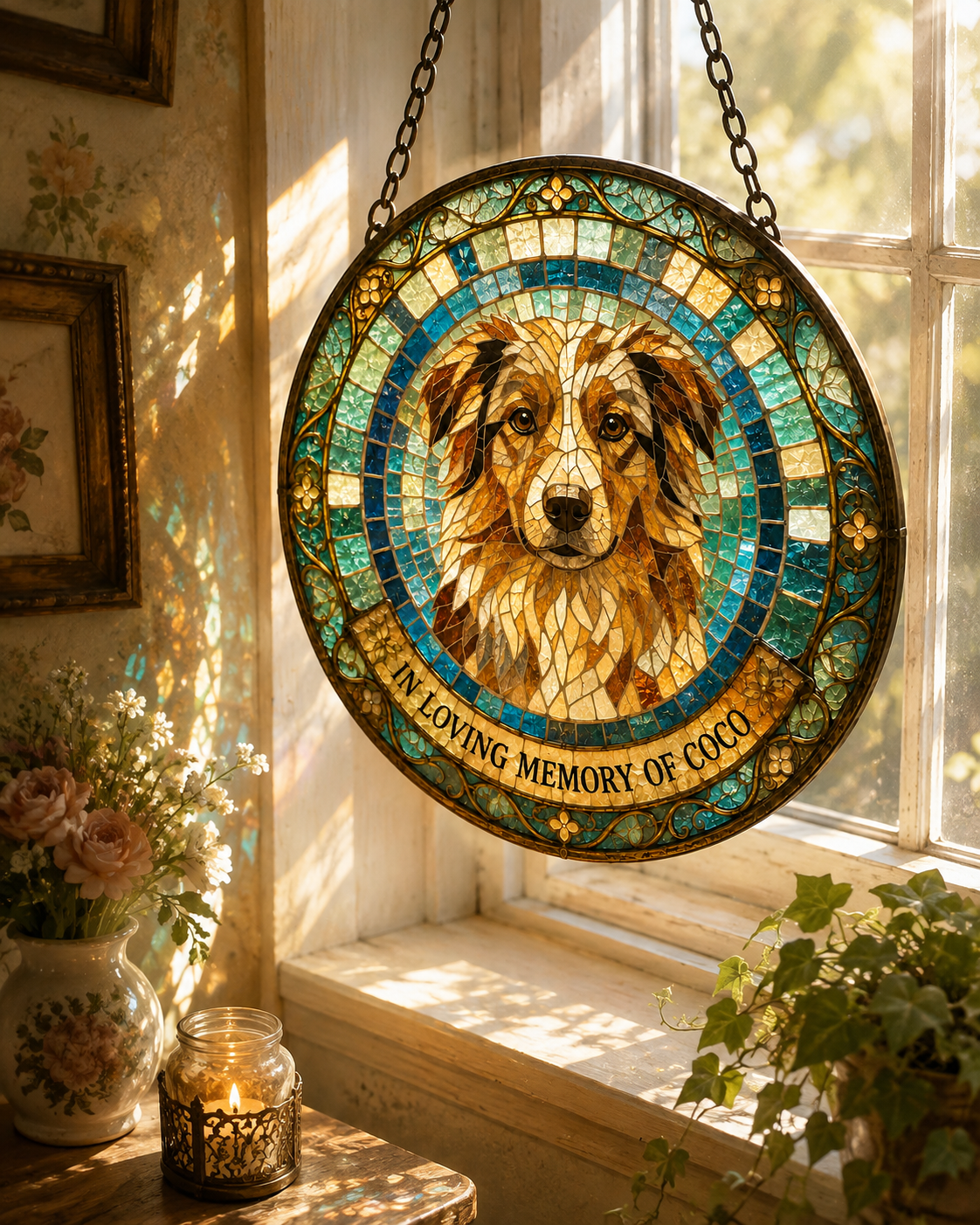 Personalized Pet Memorial Mosaic Art Round Suncatcher