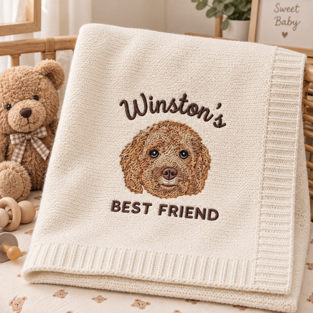 Custom Embroidered Dog Portrait Baby Blanket