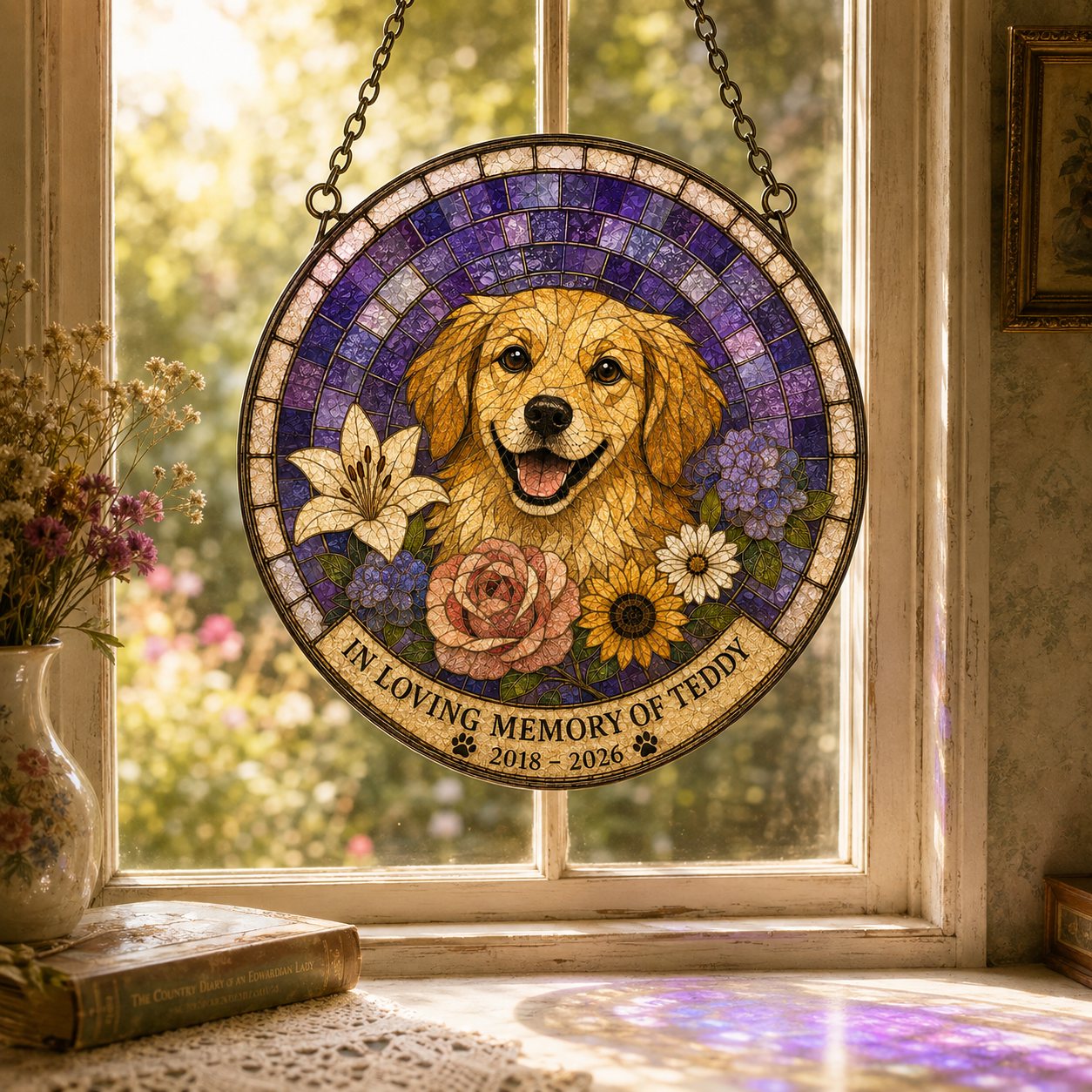 Custom Dog Memorial Mosaic Art Round Suncatcher