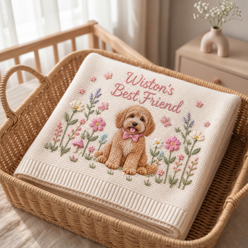Custom Floral Embroidered Dog Portrait Baby Blanket