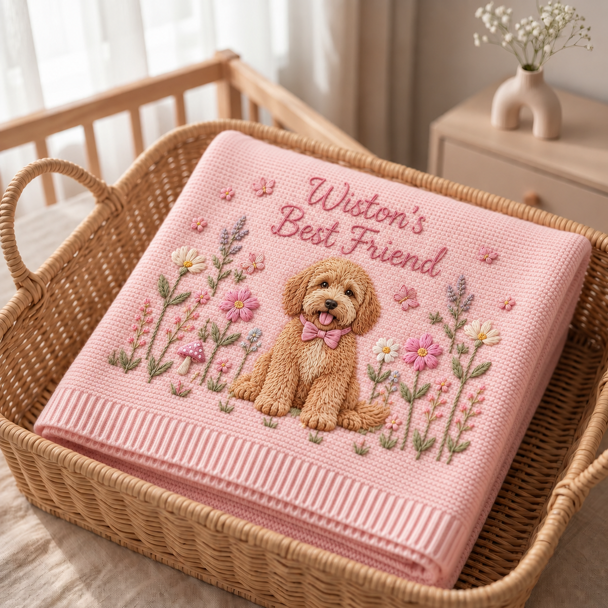 Custom Floral Embroidered Dog Portrait Baby Blanket