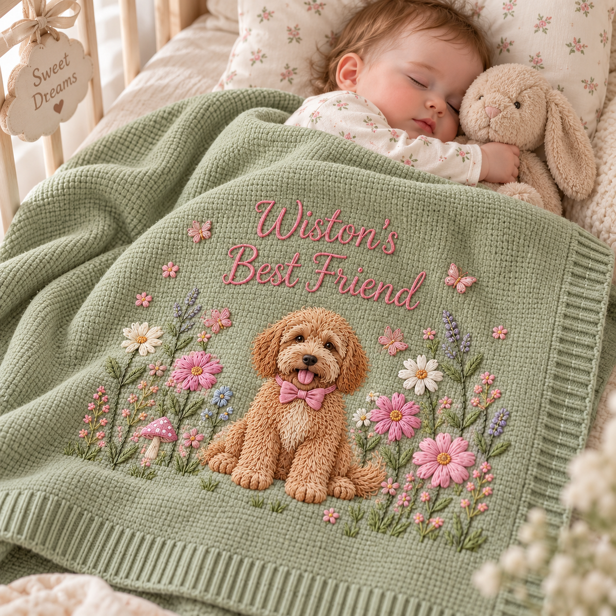Custom Floral Embroidered Dog Portrait Baby Blanket