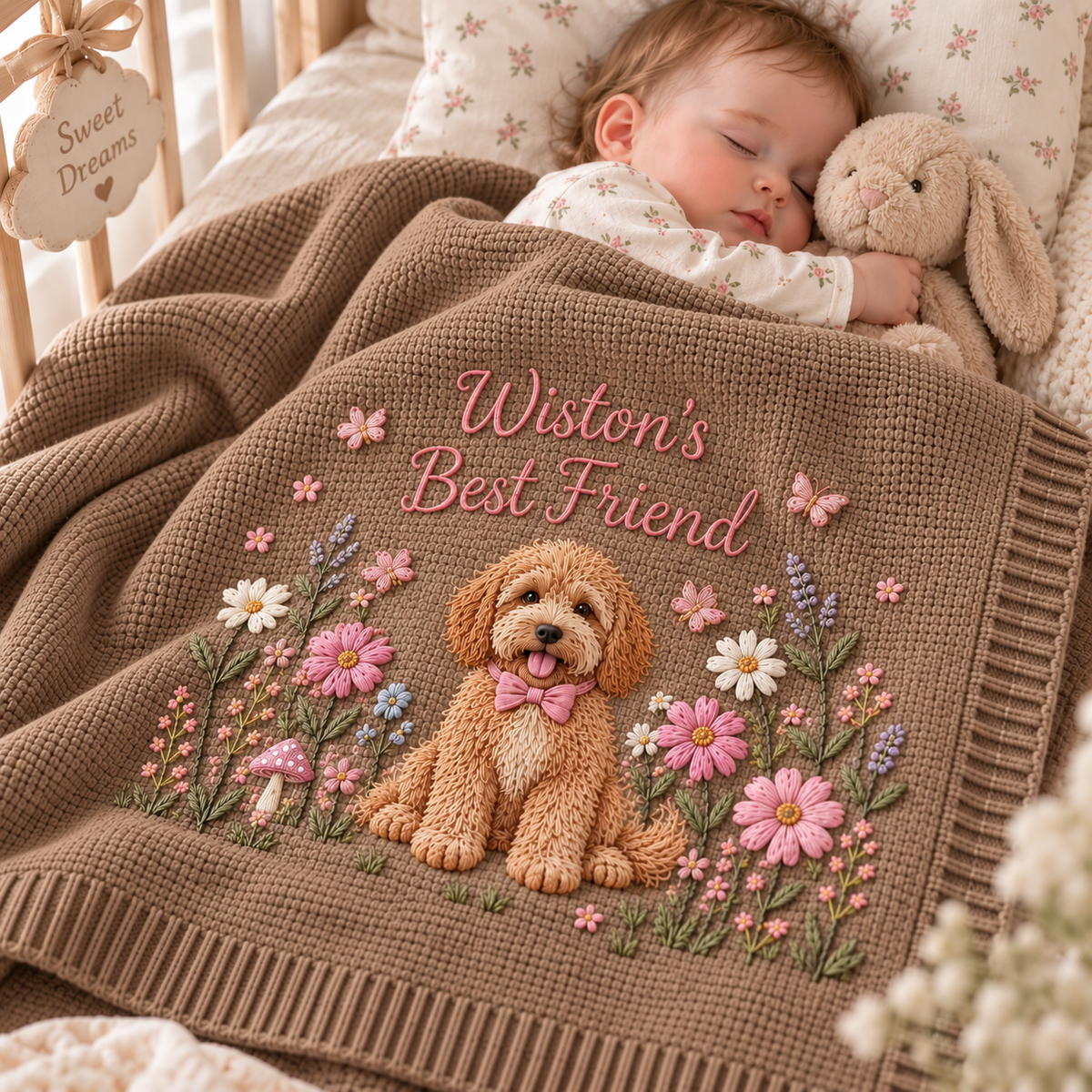 Custom Floral Embroidered Dog Portrait Baby Blanket