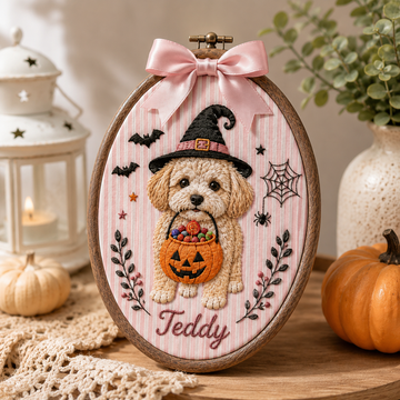 Custom Pet Portrait Halloween Embroidery Hoop