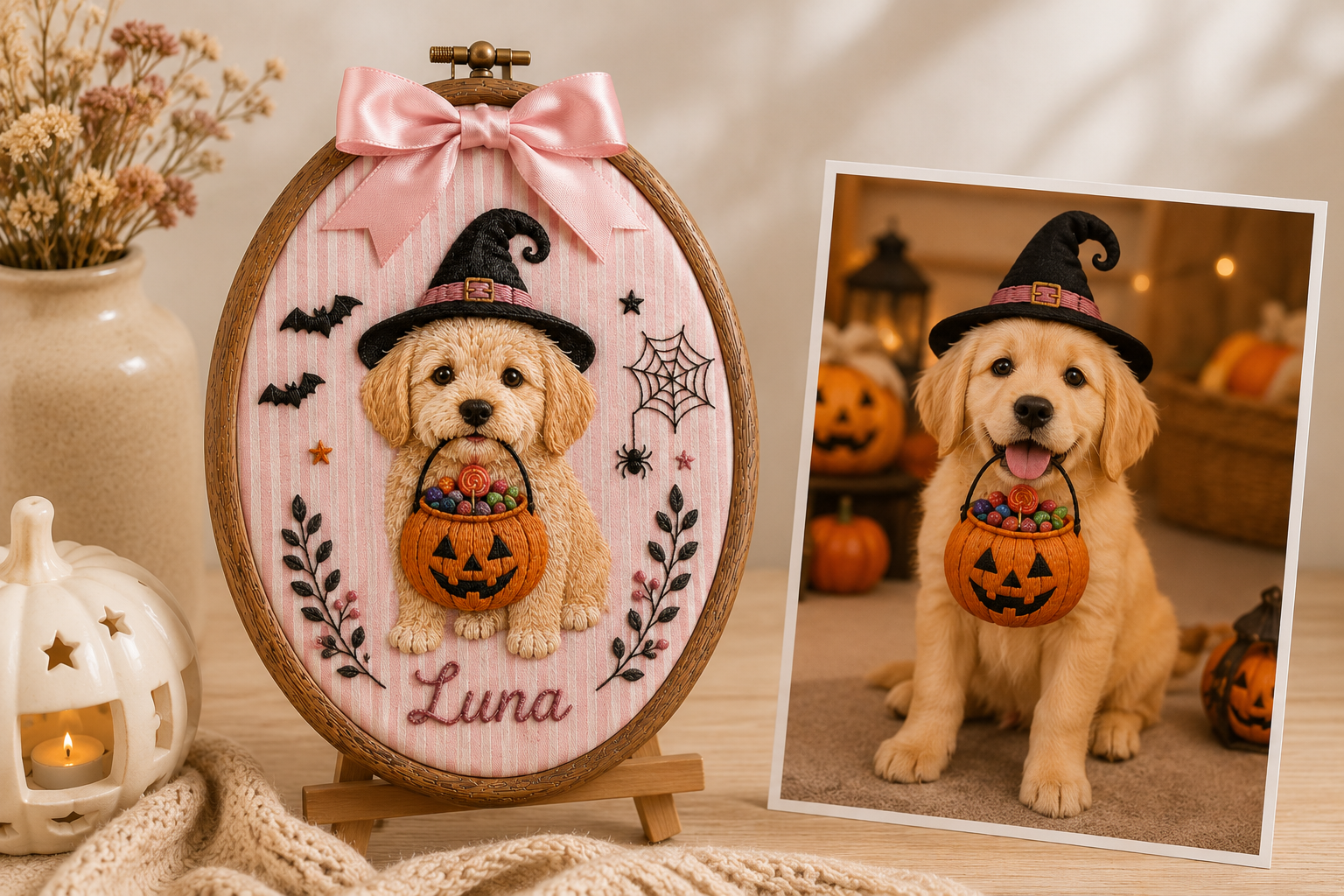 Custom Pet Portrait Halloween Embroidery Hoop