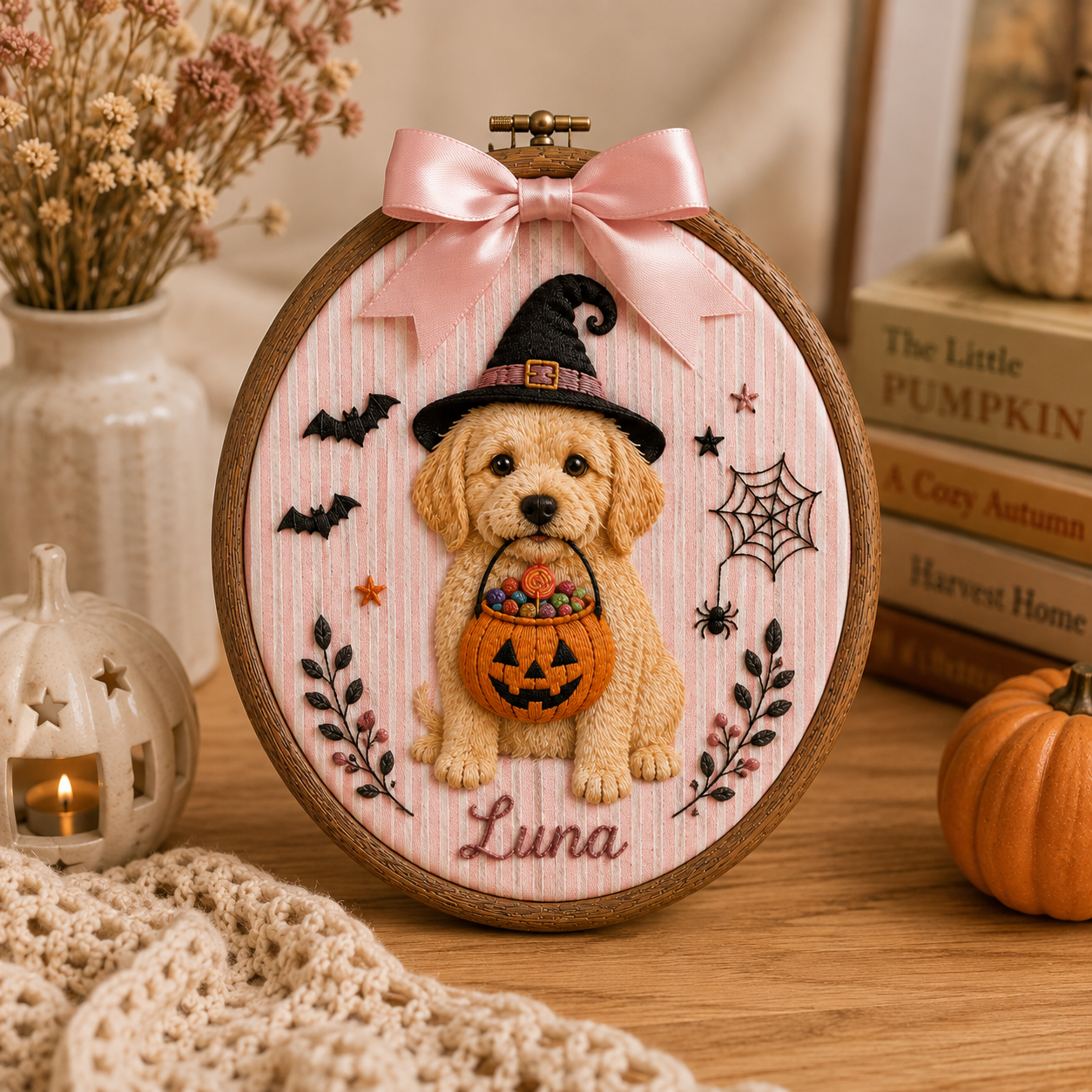 Custom Pet Portrait Halloween Embroidery Hoop