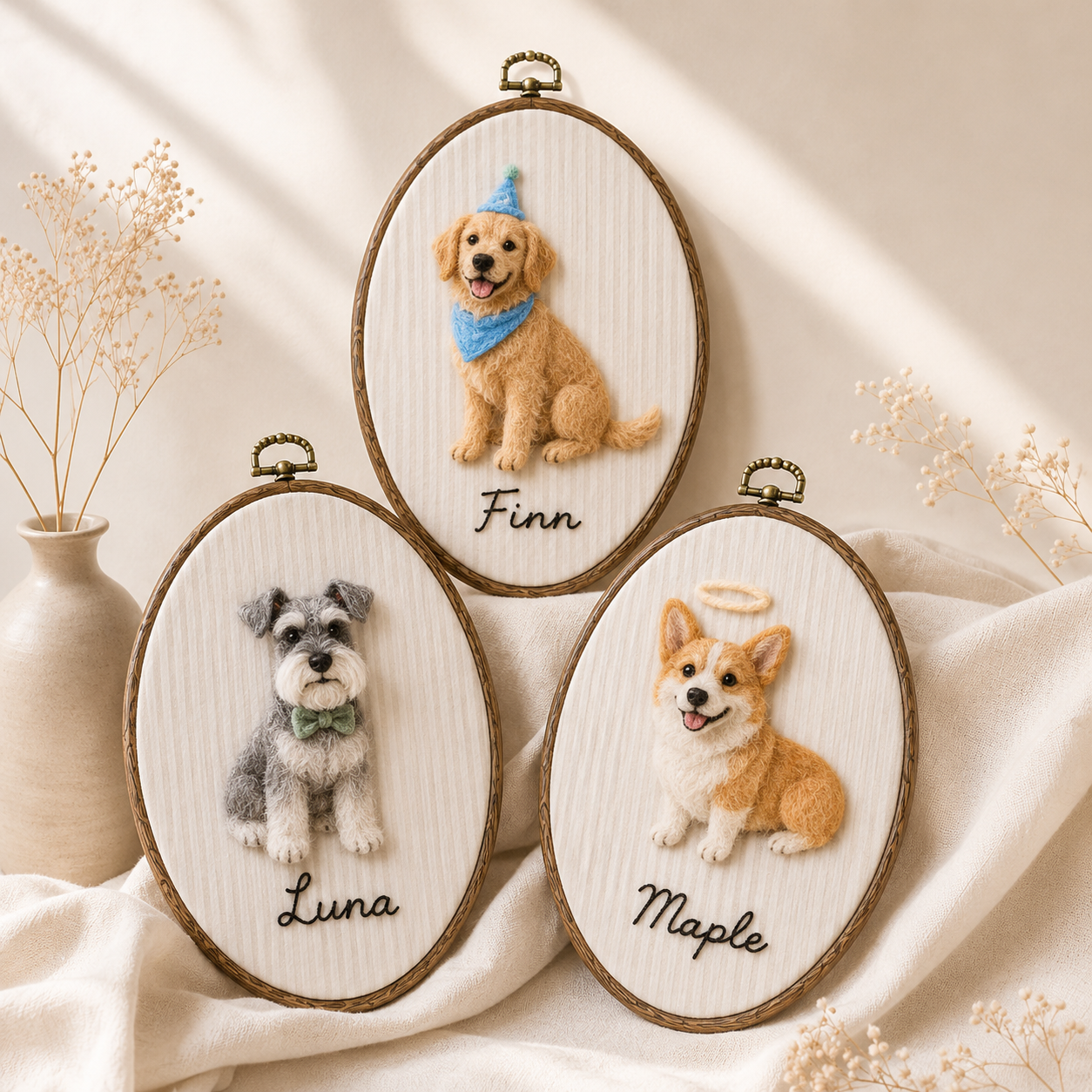 Custom Wool Felt Pet Portrait Hoop, Memorial Keepsake, Photo to Art