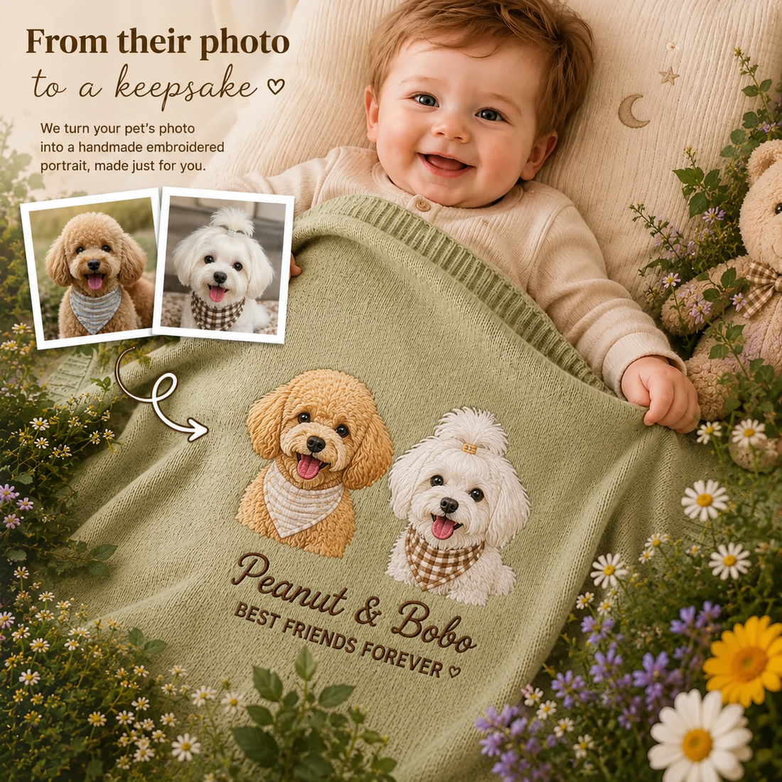 Custom Embroidered Pet Portrait Baby Blanket