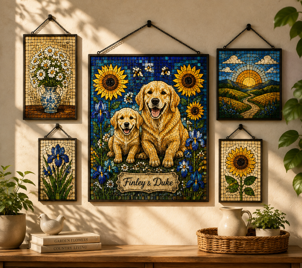 Custom Two Dog Mosaic Art Portrait Stained Glass Suncatcher