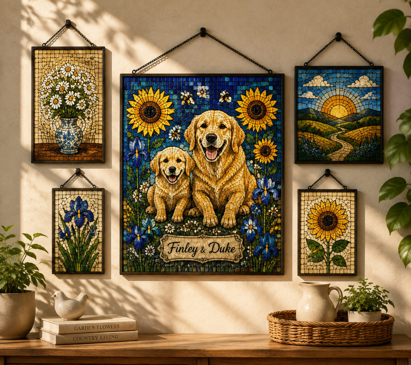 Custom Two Dog Mosaic Art Portrait Stained Glass Suncatcher