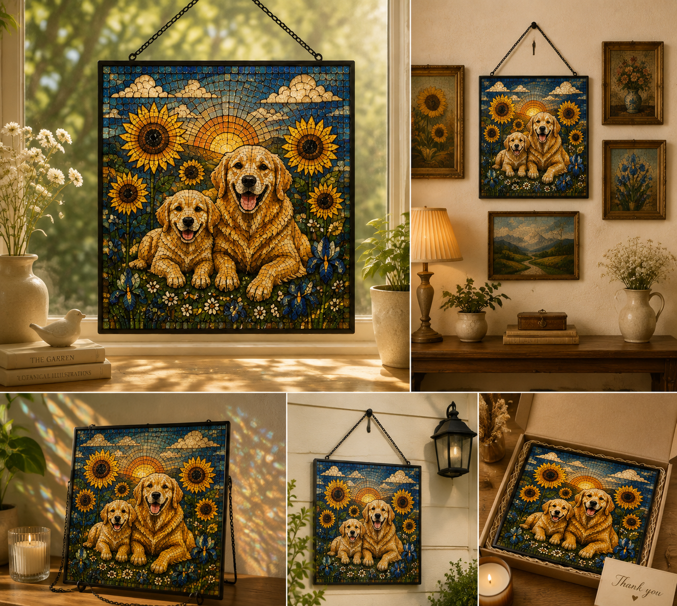 Custom Two Dog Mosaic Art Portrait Stained Glass Suncatcher