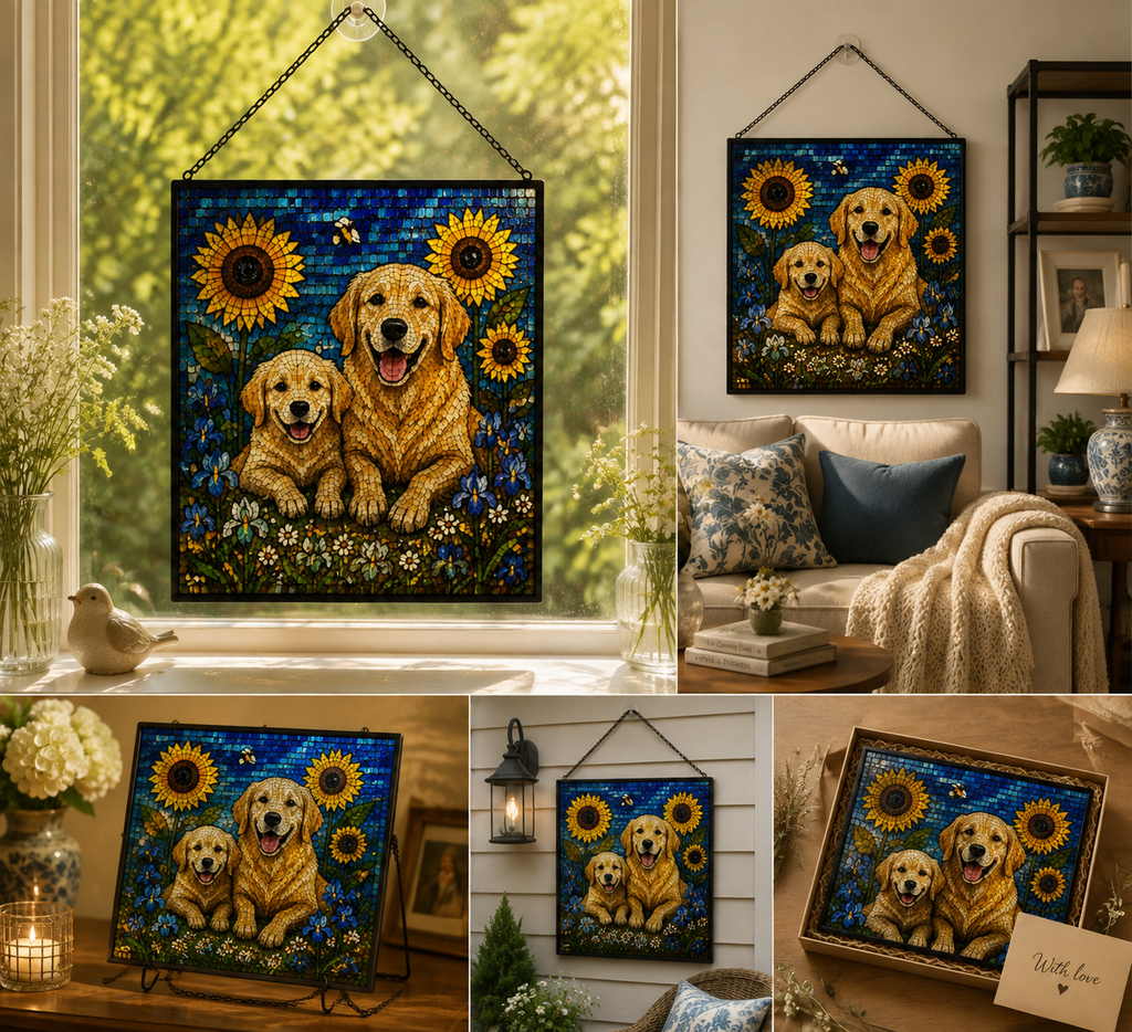 Custom Two Dog Mosaic Art Portrait Stained Glass Suncatcher