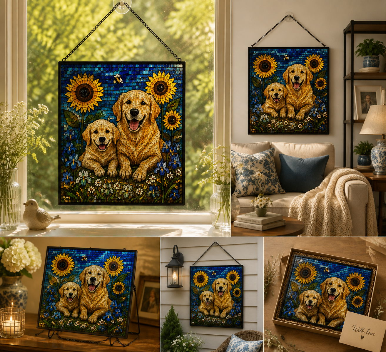 Custom Two Dog Mosaic Art Portrait Stained Glass Suncatcher