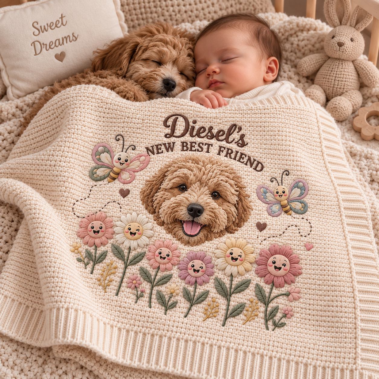 Personalized Floral Smile Embroidered Pet Baby Blanket