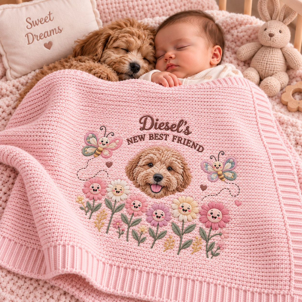 Personalized Floral Smile Embroidered Pet Baby Blanket