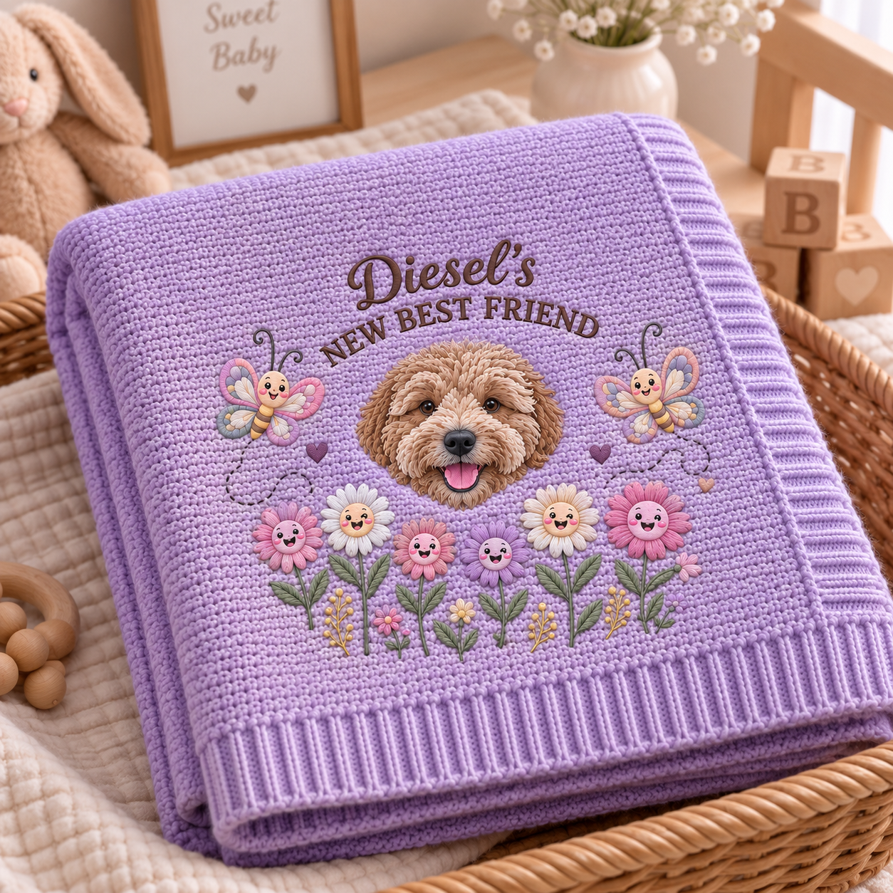 Personalized Floral Smile Embroidered Pet Baby Blanket
