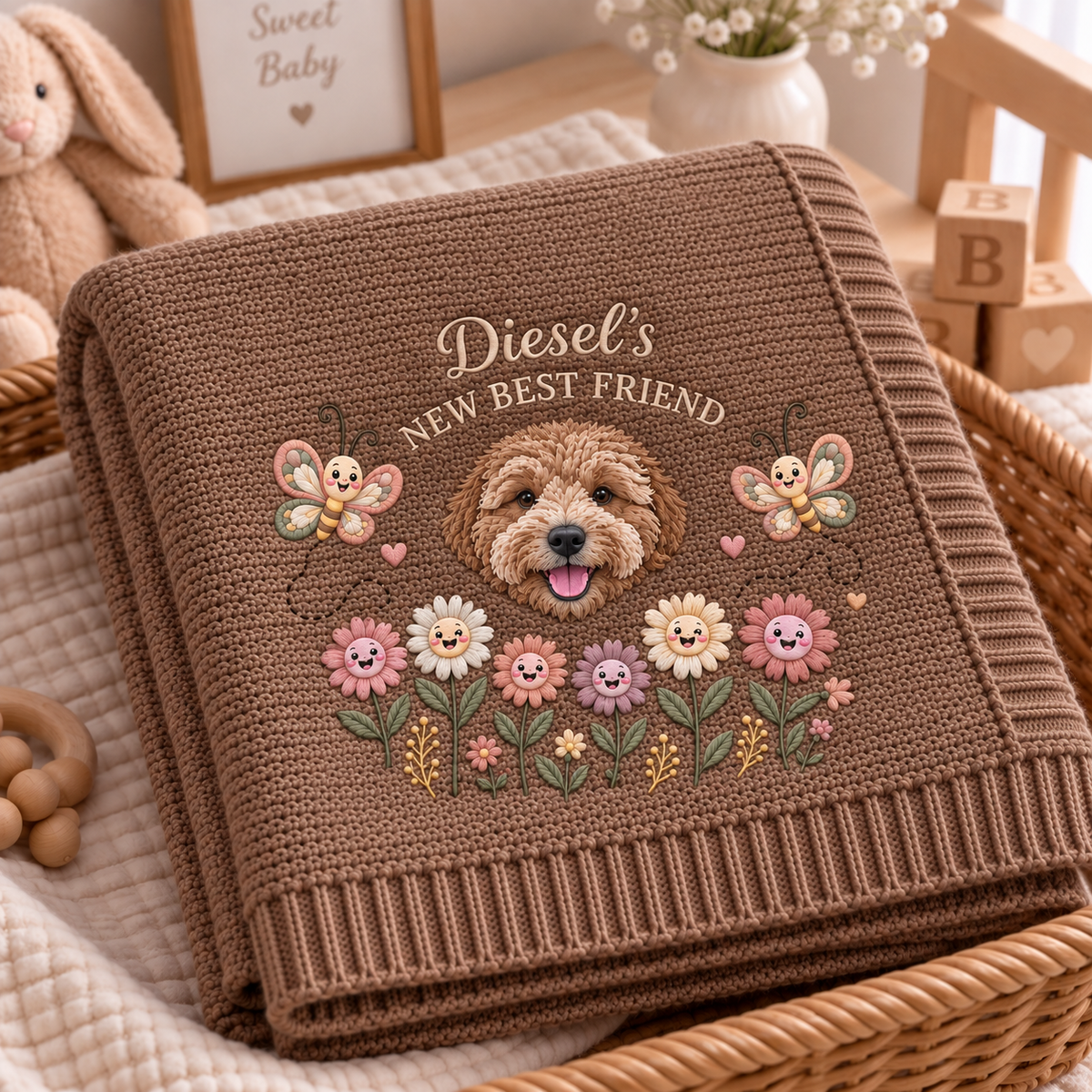 Personalized Floral Smile Embroidered Pet Baby Blanket