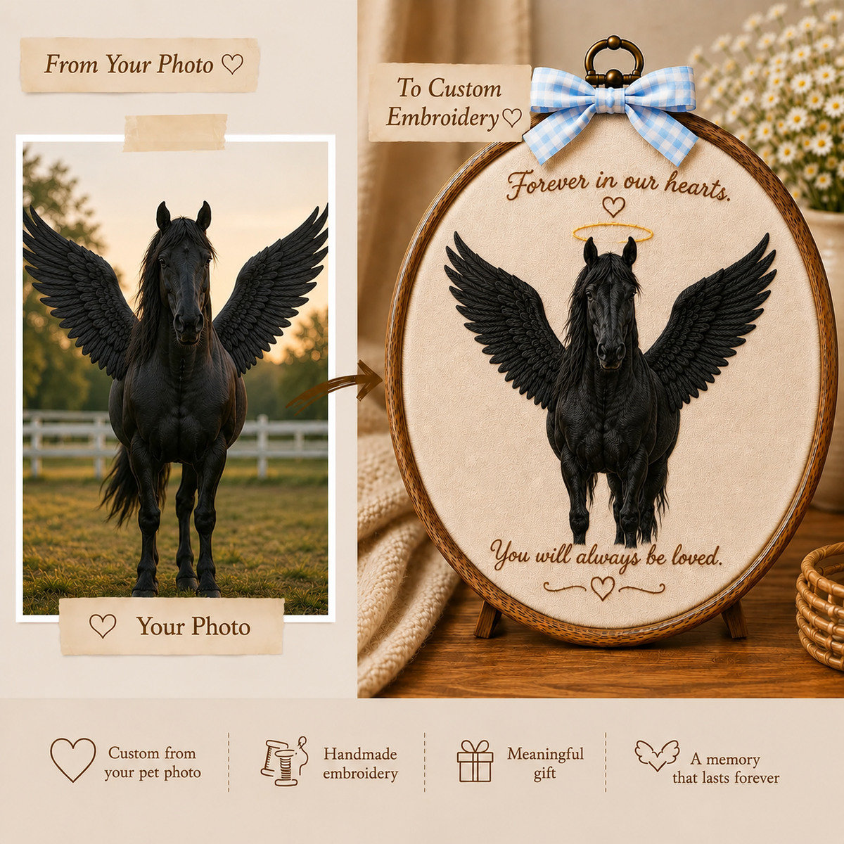 Personalized Embroidery Memorial Horse Portrait in Hoop