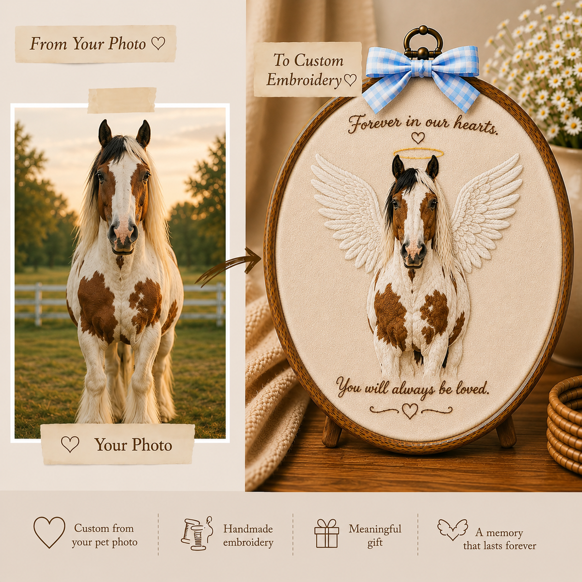 Personalized Embroidery Memorial Horse Portrait in Hoop