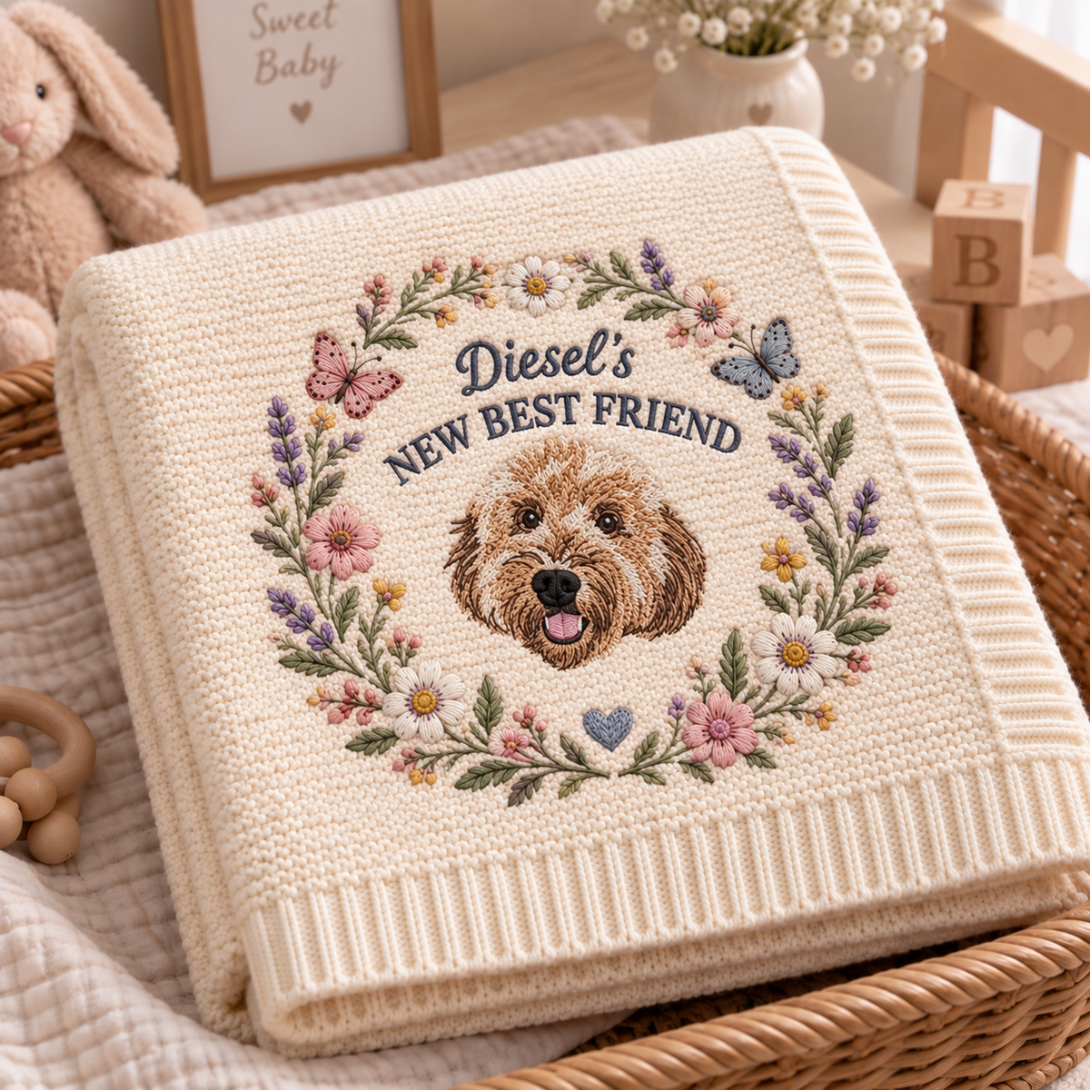 New Best Friend Floral Embroidered Custom Pet Portrait Baby Bodysuit