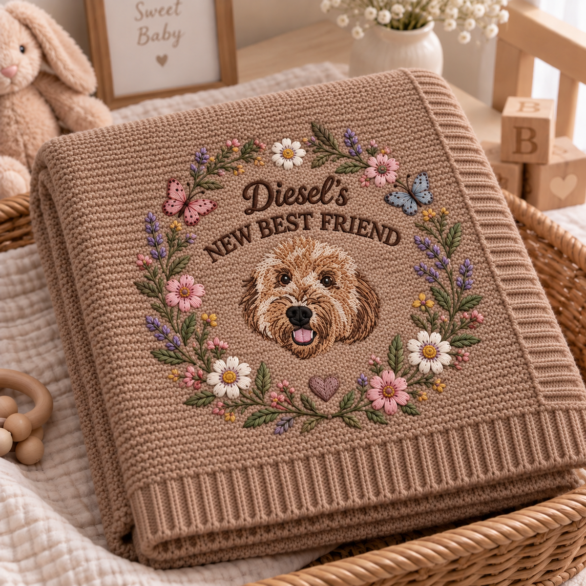 New Best Friend Floral Embroidered Custom Pet Portrait Baby Bodysuit