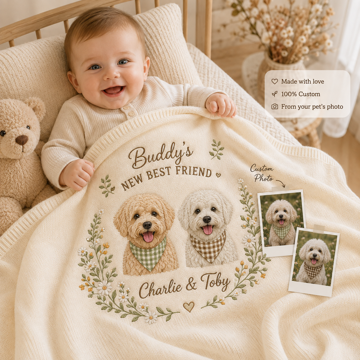 Custom Embroidered Dog Portrait Baby Blanket