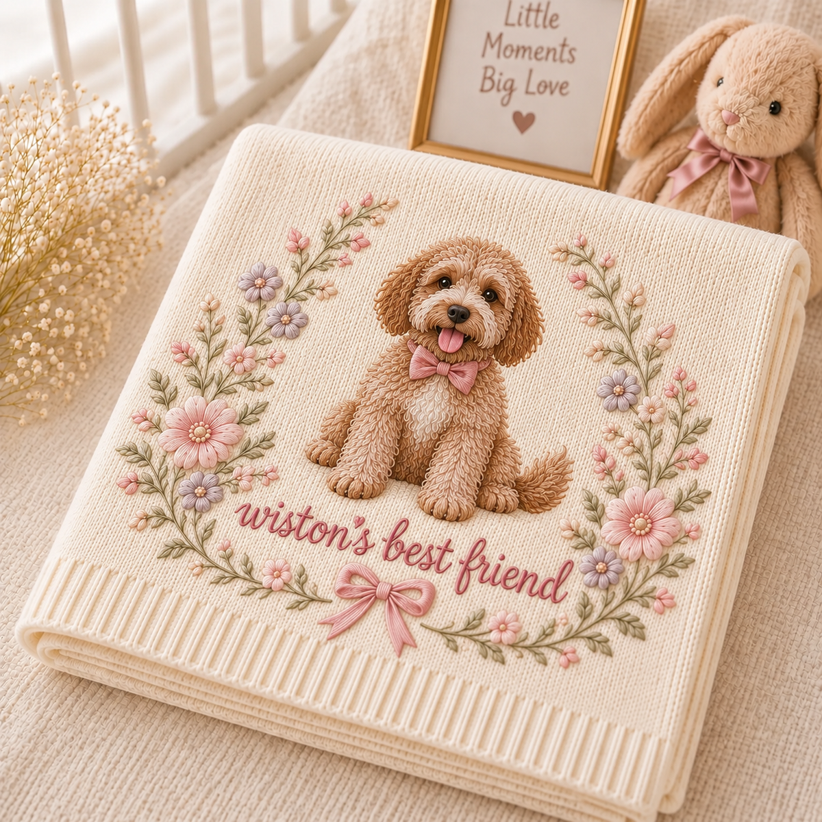 Personalization Floral Embroidered Dog Portrait Baby Blanket