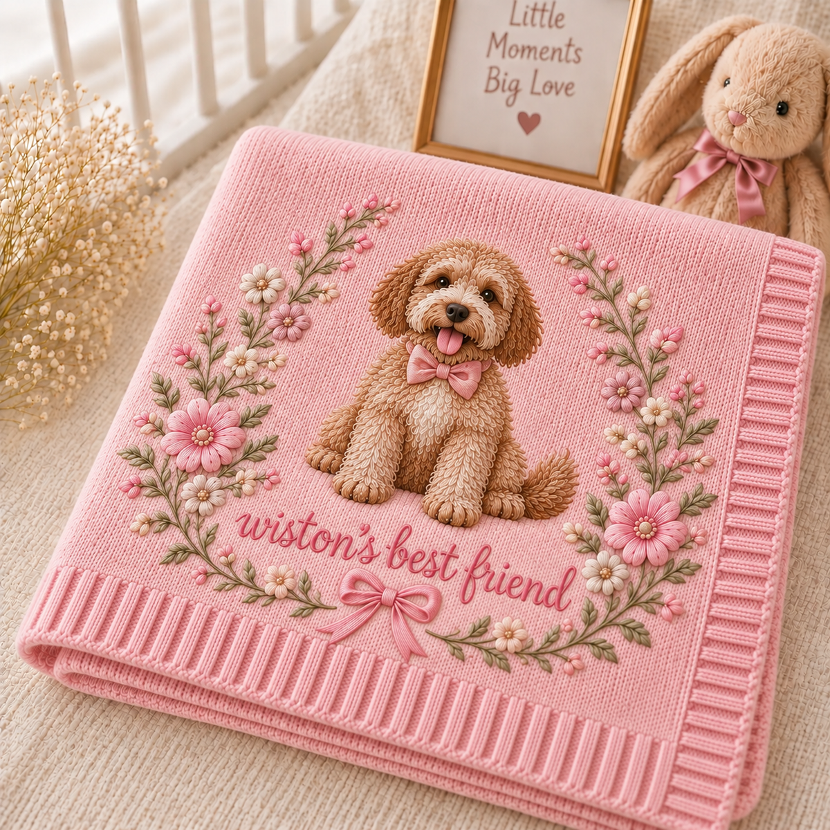Personalization Floral Embroidered Dog Portrait Baby Blanket