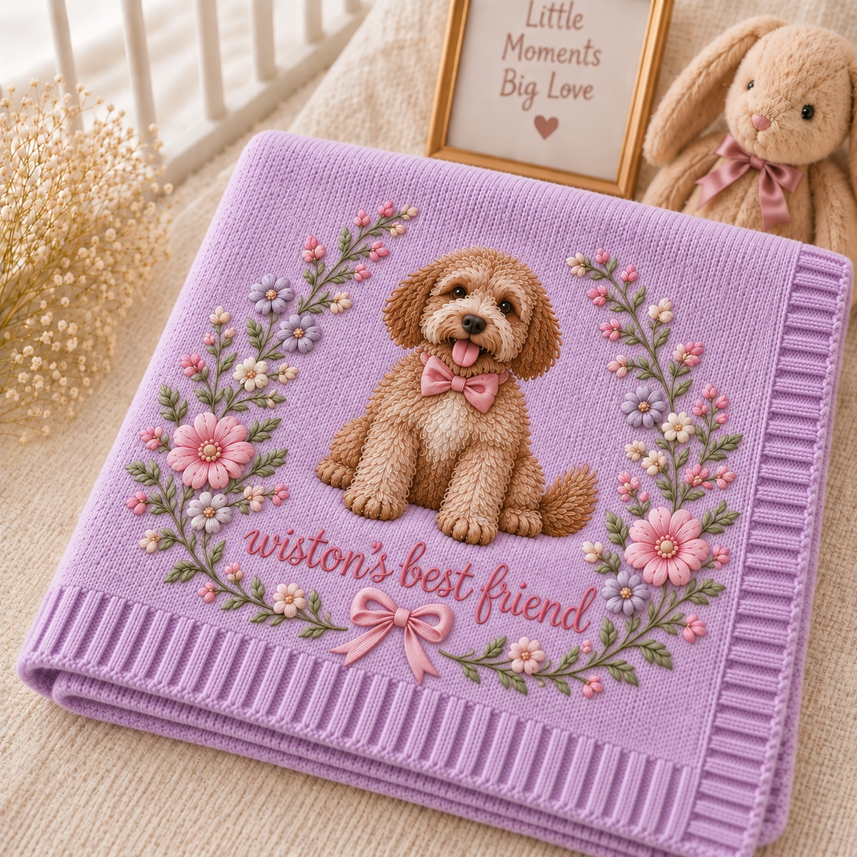 Personalization Floral Embroidered Dog Portrait Baby Blanket