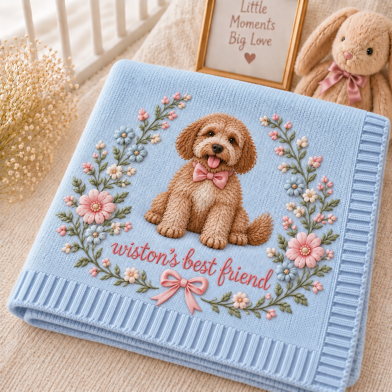 Personalization Floral Embroidered Dog Portrait Baby Blanket