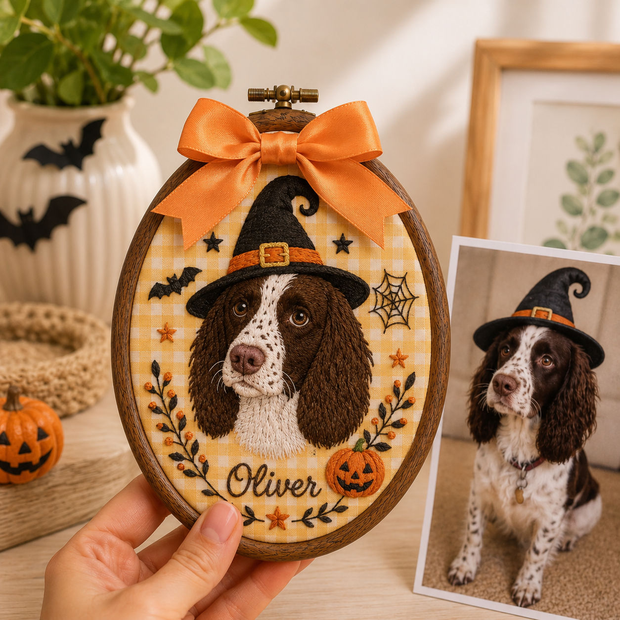 Personalized Pet Portrait Halloween Embroidery Hoop