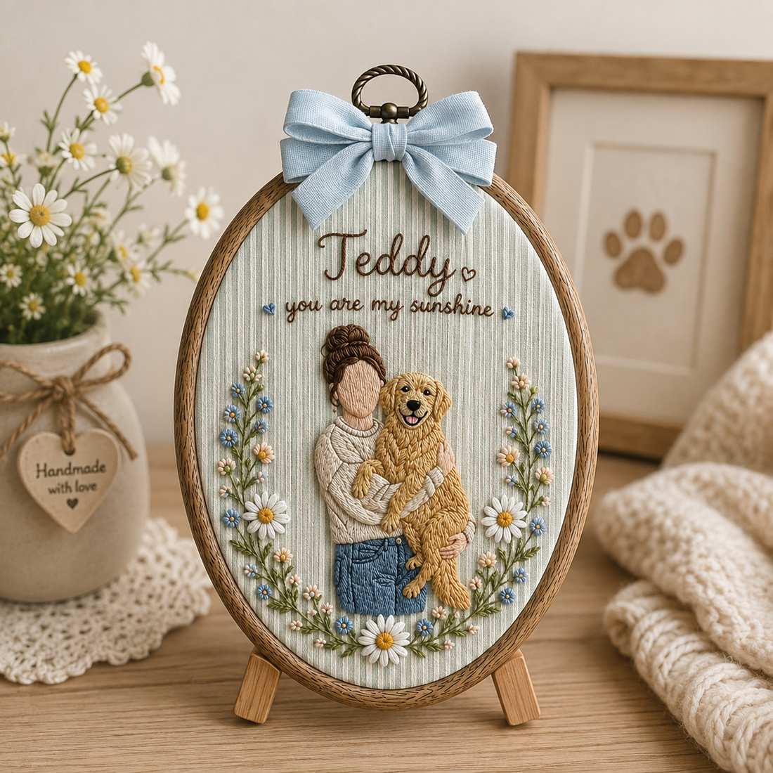 Personalized Embroidered Pet & Owner Portrait Hoop