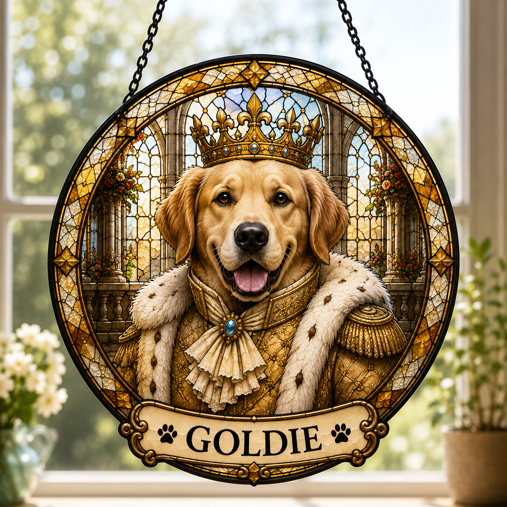 Custom Royal Pet King Portrait Stained Glass Suncatcher