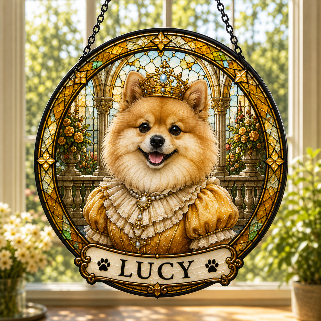 Custom Royal Pet King Portrait Stained Glass Suncatcher