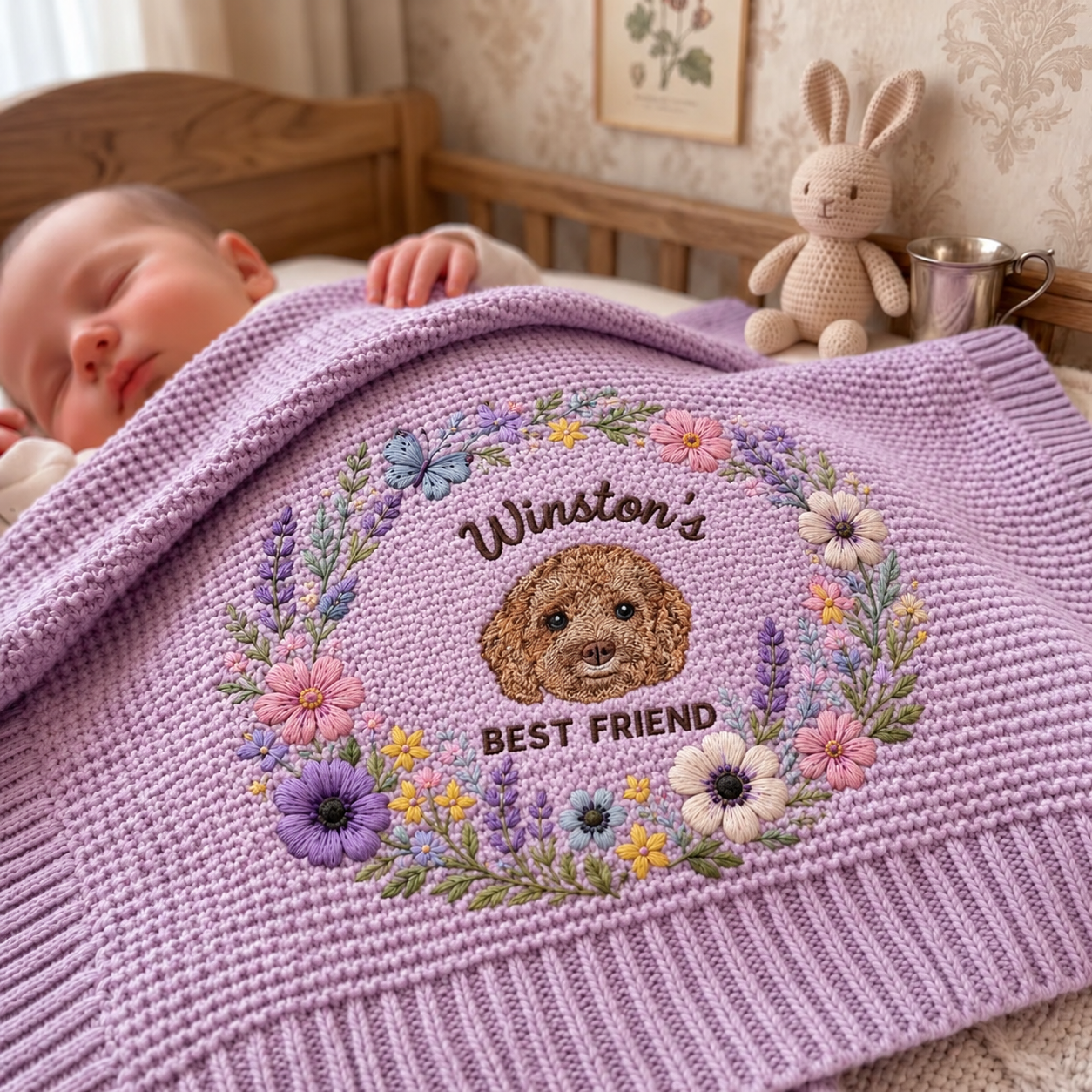 Custom Flower Embroidered Dog Portrait Baby Blanket
