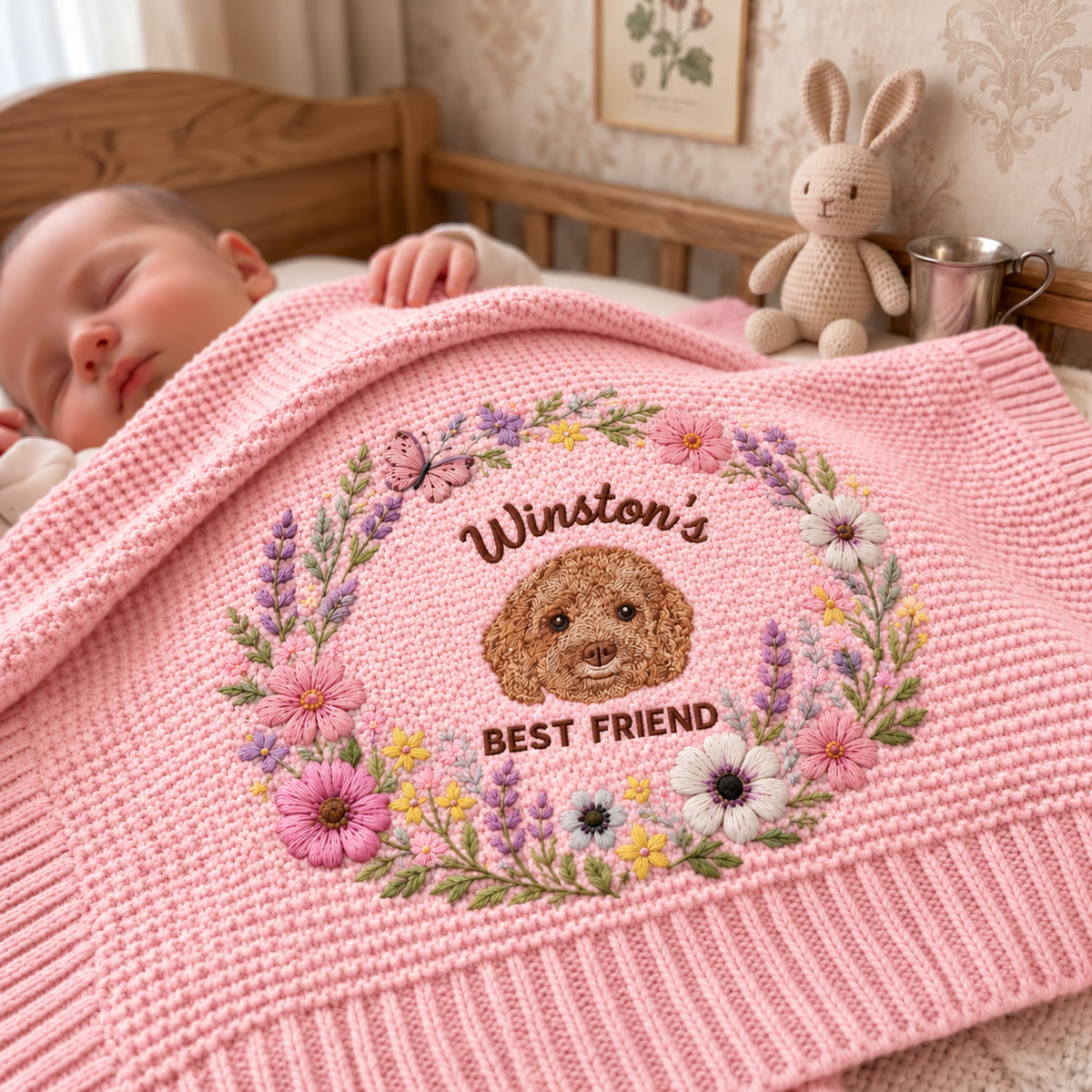 Custom Flower Embroidered Dog Portrait Baby Blanket