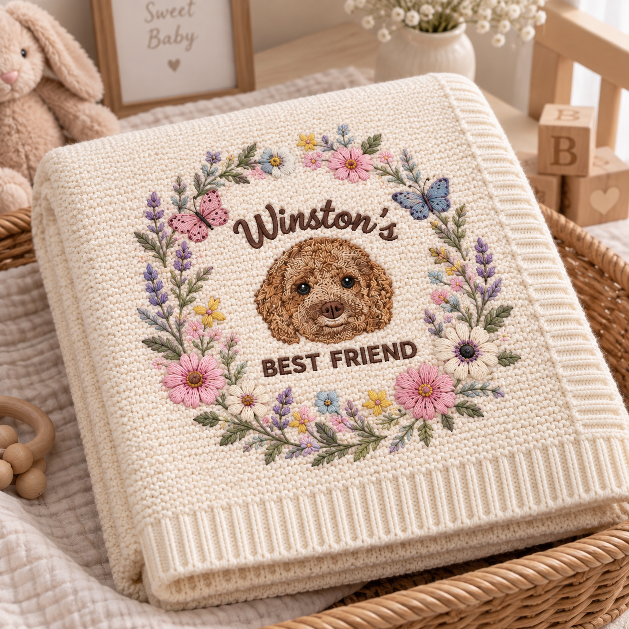 Custom Flower Embroidered Dog Portrait Baby Blanket