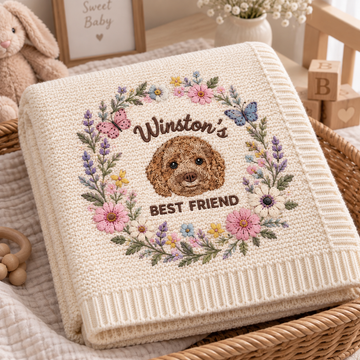 Custom Flower Embroidered Dog Portrait Baby Blanket