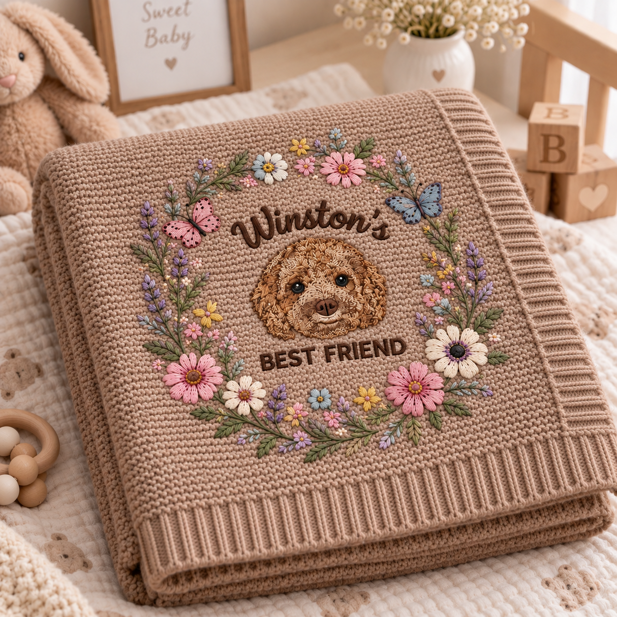 Custom Flower Embroidered Dog Portrait Baby Blanket
